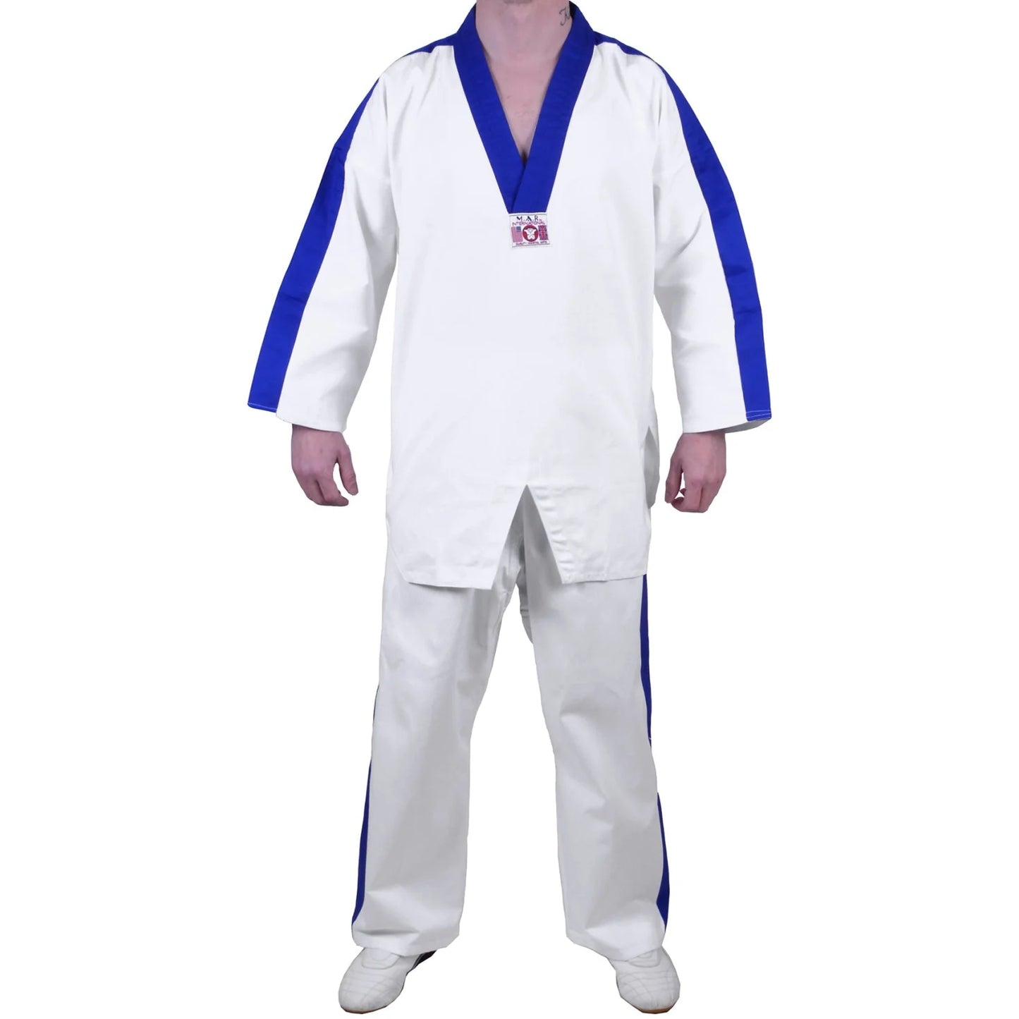 MAR-007 | White Karate & Freestyle Uniform w/ Blue Trim (8oz Fabric) - Uniforms