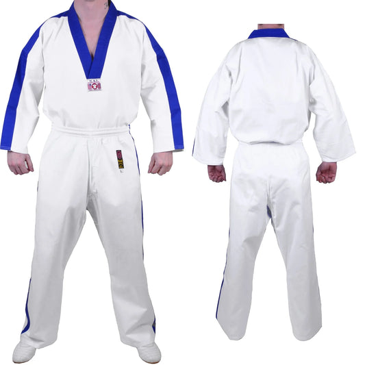 MAR-007 | White Karate & Freestyle Uniform w/ Blue Trim (8oz Fabric) - Uniforms
