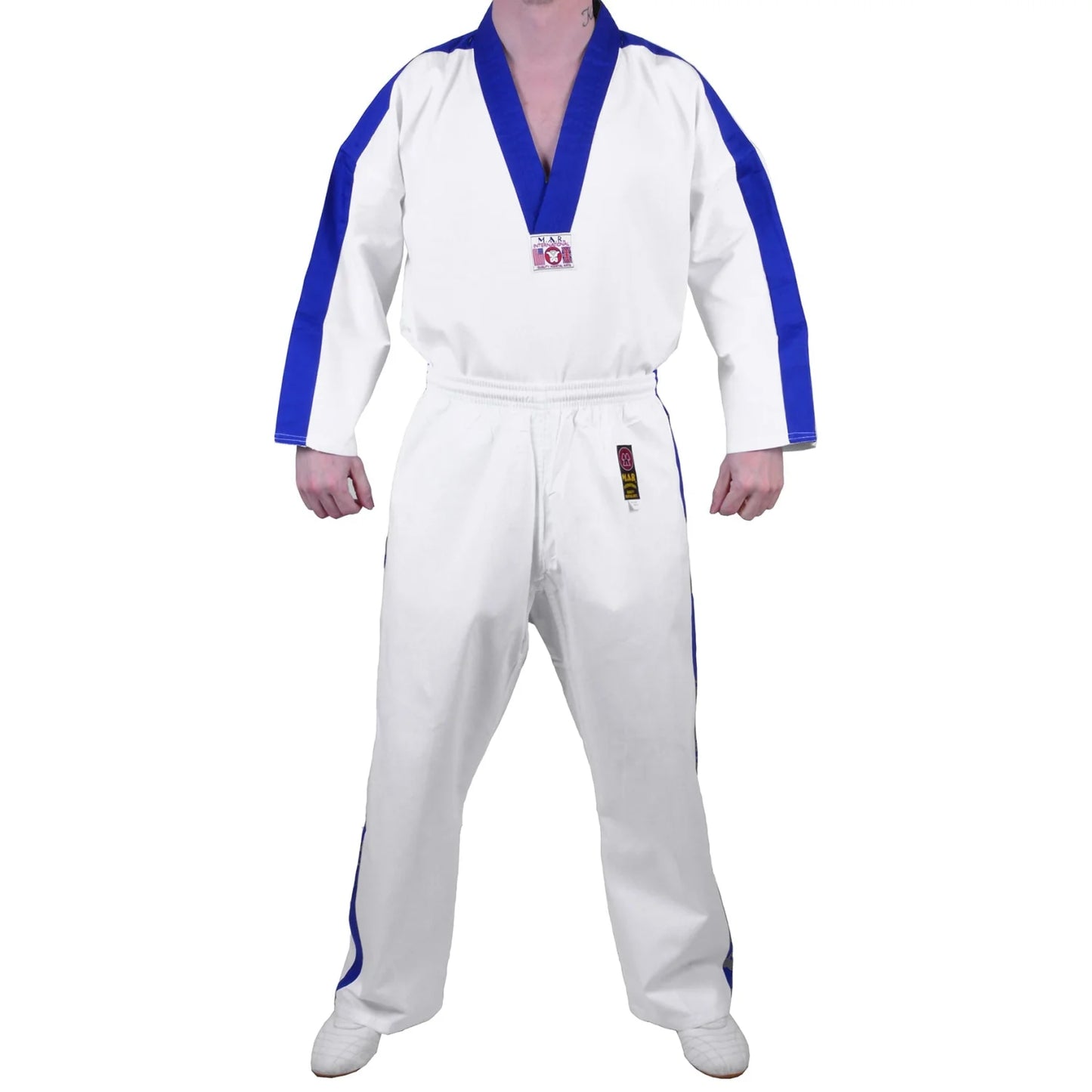 MAR-007 | White Karate & Freestyle Uniform w/ Blue Trim (8oz Fabric) - Uniforms