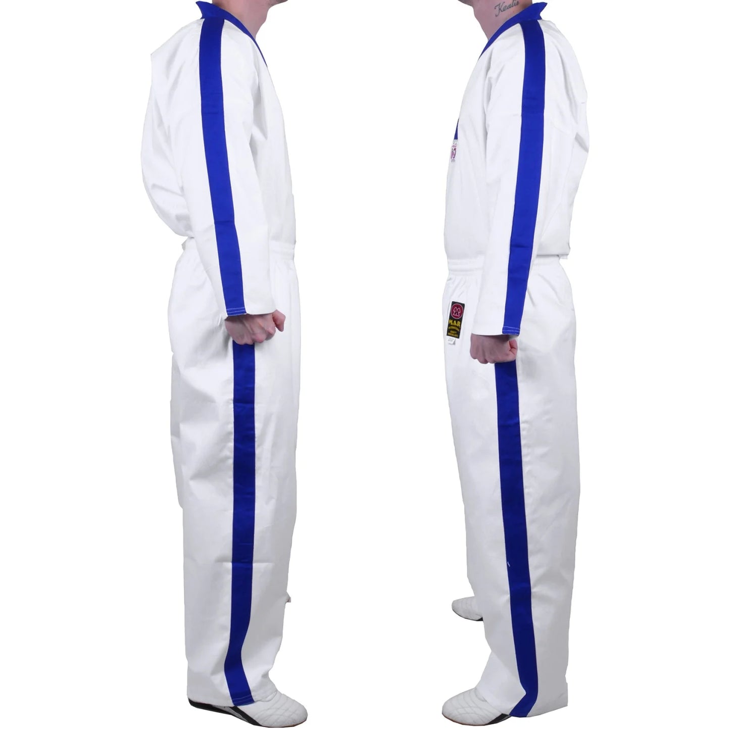 MAR-007 | White Karate & Freestyle Uniform w/ Blue Trim (8oz Fabric) - Uniforms