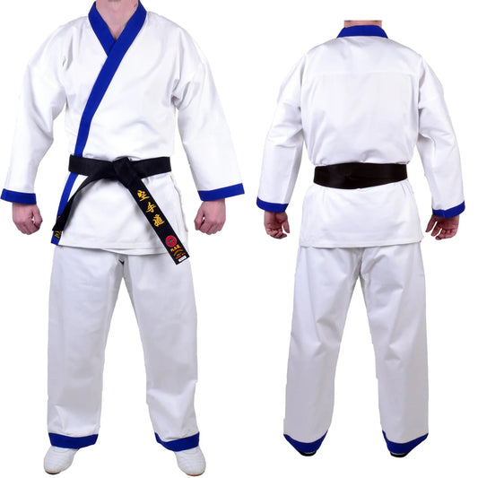 MAR-008 | White Karate Uniform w/ Blue Trim (8oz Fabric) + FREE BELT - Uniforms