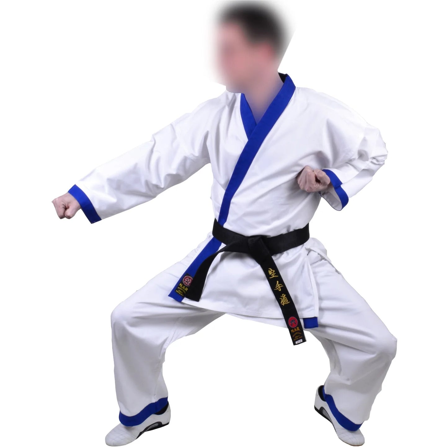 MAR-008 | White Karate Uniform w/ Blue Trim (8oz Fabric) + FREE BELT - Uniforms