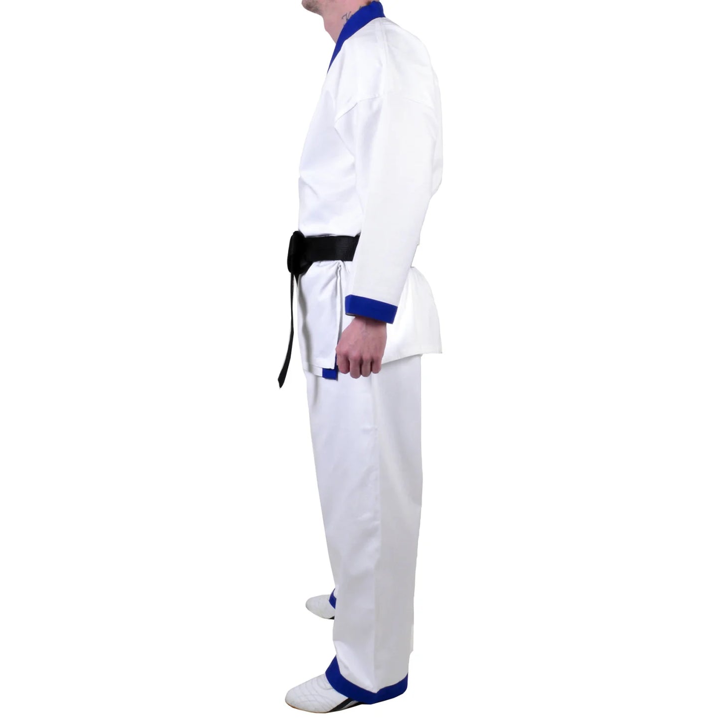 MAR-008 | White Karate Uniform w/ Blue Trim (8oz Fabric) + FREE BELT - Uniforms