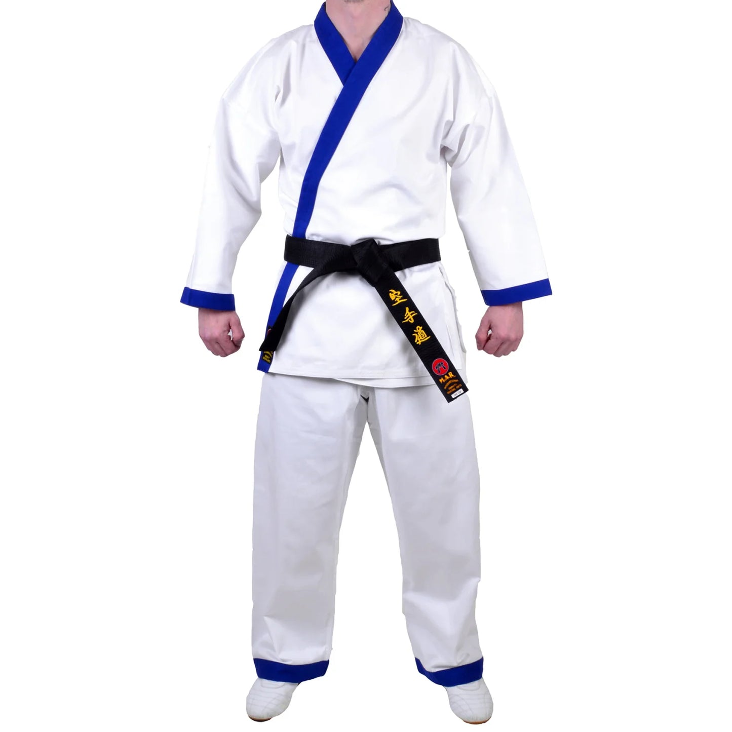 MAR-008 | White Karate Uniform w/ Blue Trim (8oz Fabric) + FREE BELT - Uniforms