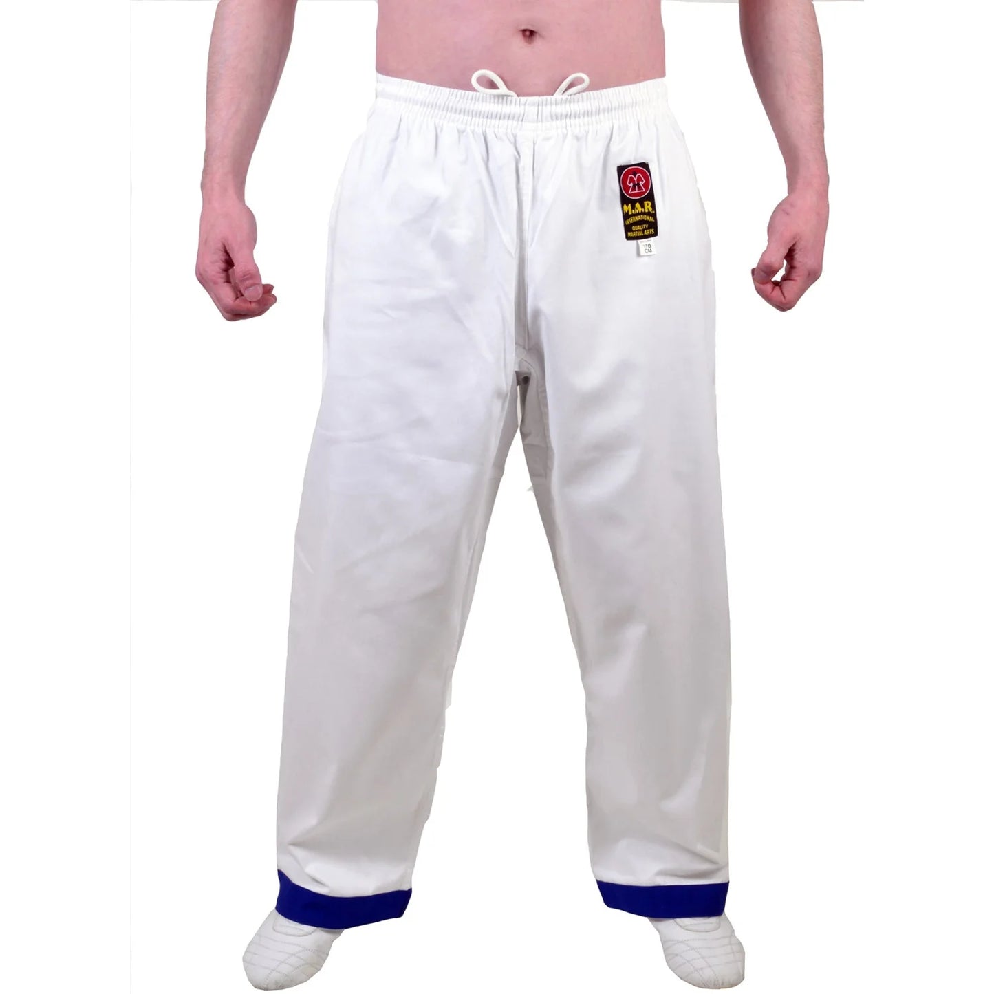 MAR-008 | White Karate Uniform w/ Blue Trim (8oz Fabric) + FREE BELT - Uniforms