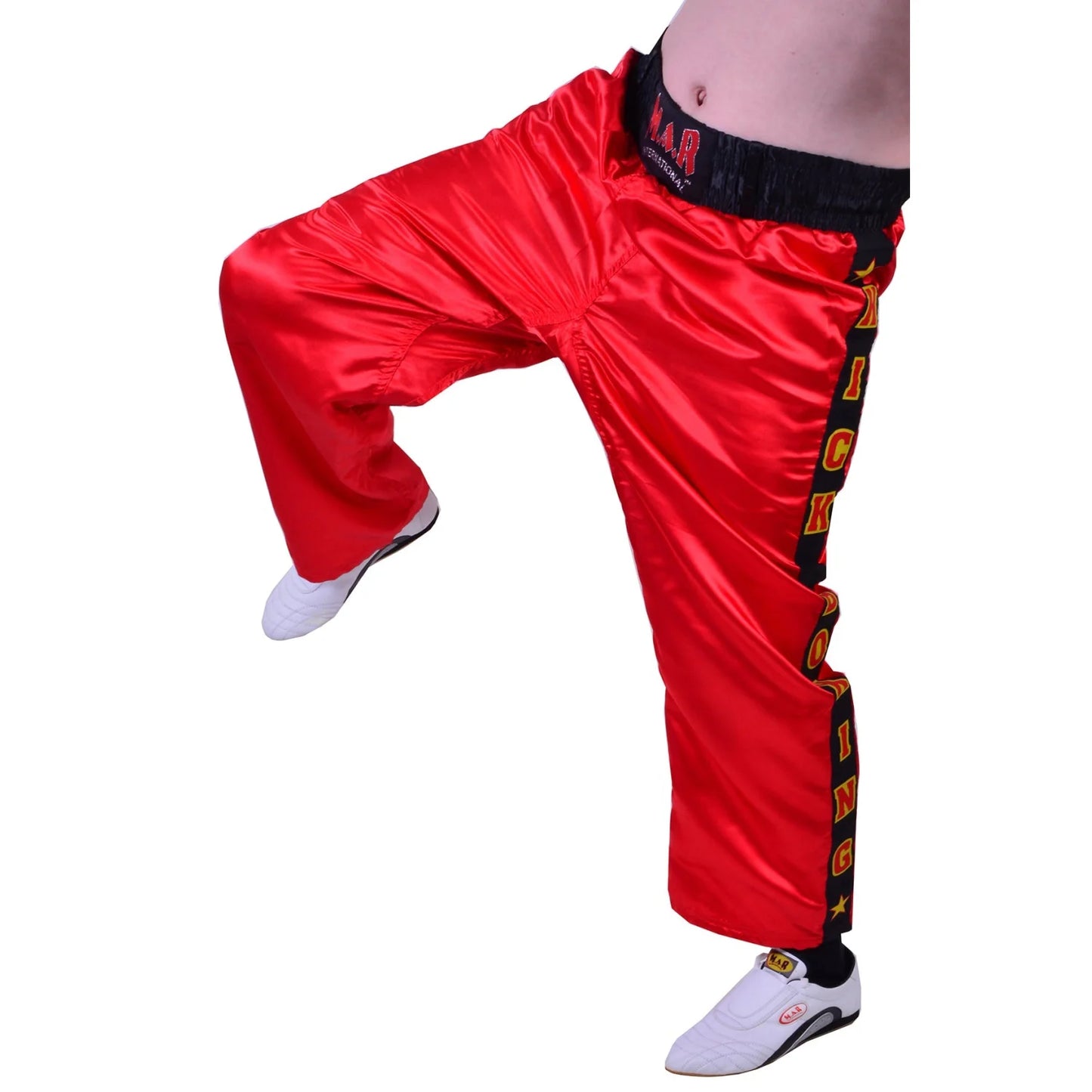 MAR-087A | Red & Black Kickboxing Trousers w/ Embroidered Writing - Trousers