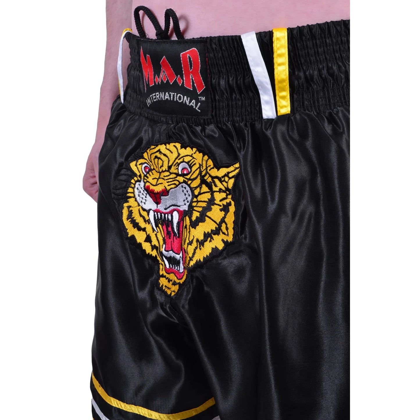 MAR-091B | Black Kickboxing & Thai Boxing Shorts w/ Tiger Emblem - Shorts