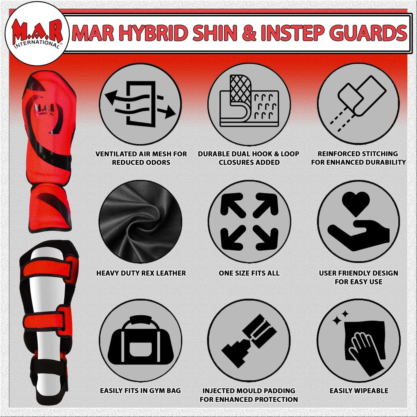 MAR-148E | Red Kickboxing & Thai Boxing Shin & Instep Guards - Pads