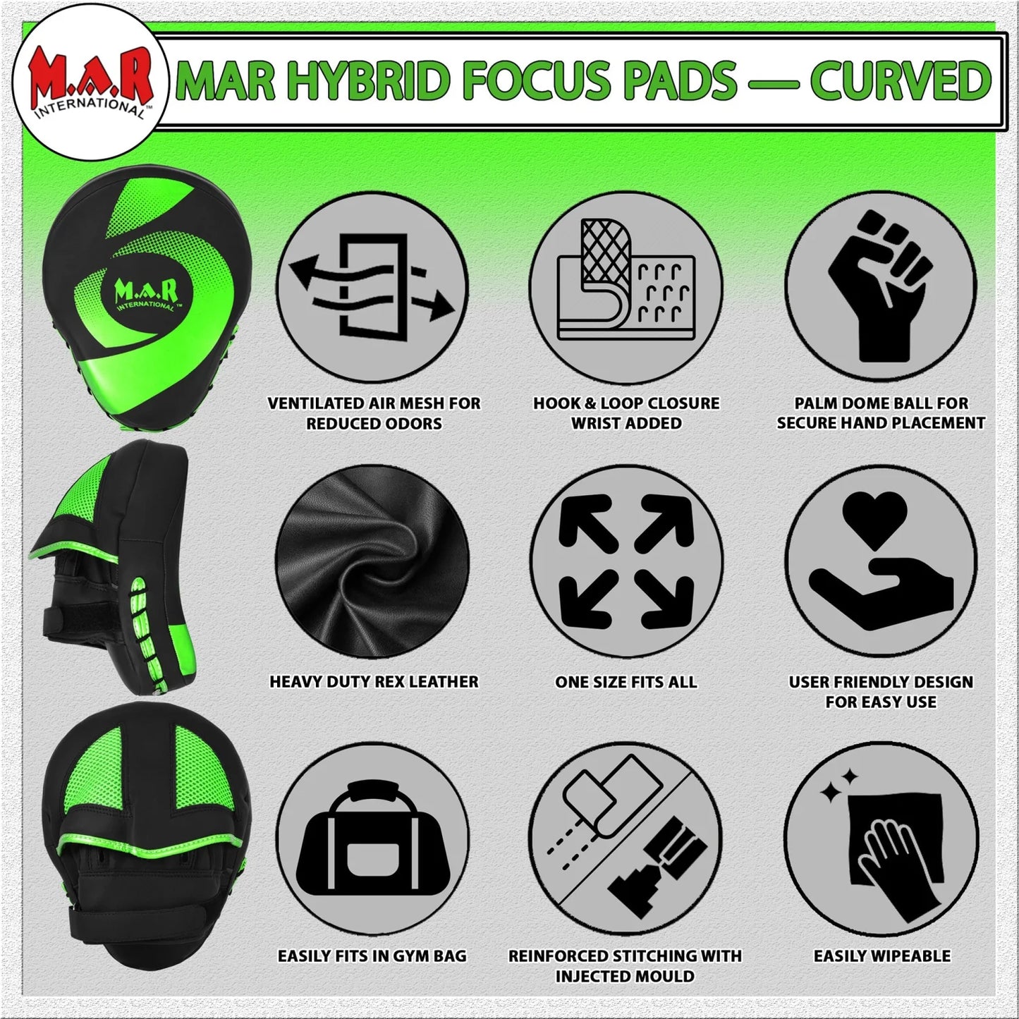 MAR-195H | Black & Green Hybrid Curved Focus Mitts - Focus Mitts