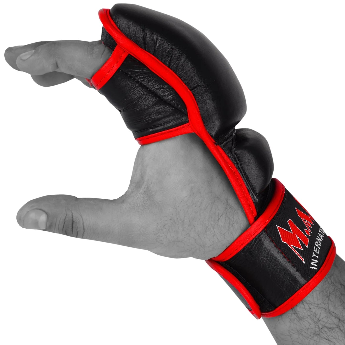 MAR-233A | Genuine Leather Black MMA Gloves w/ Red Piping - Compact Gloves
