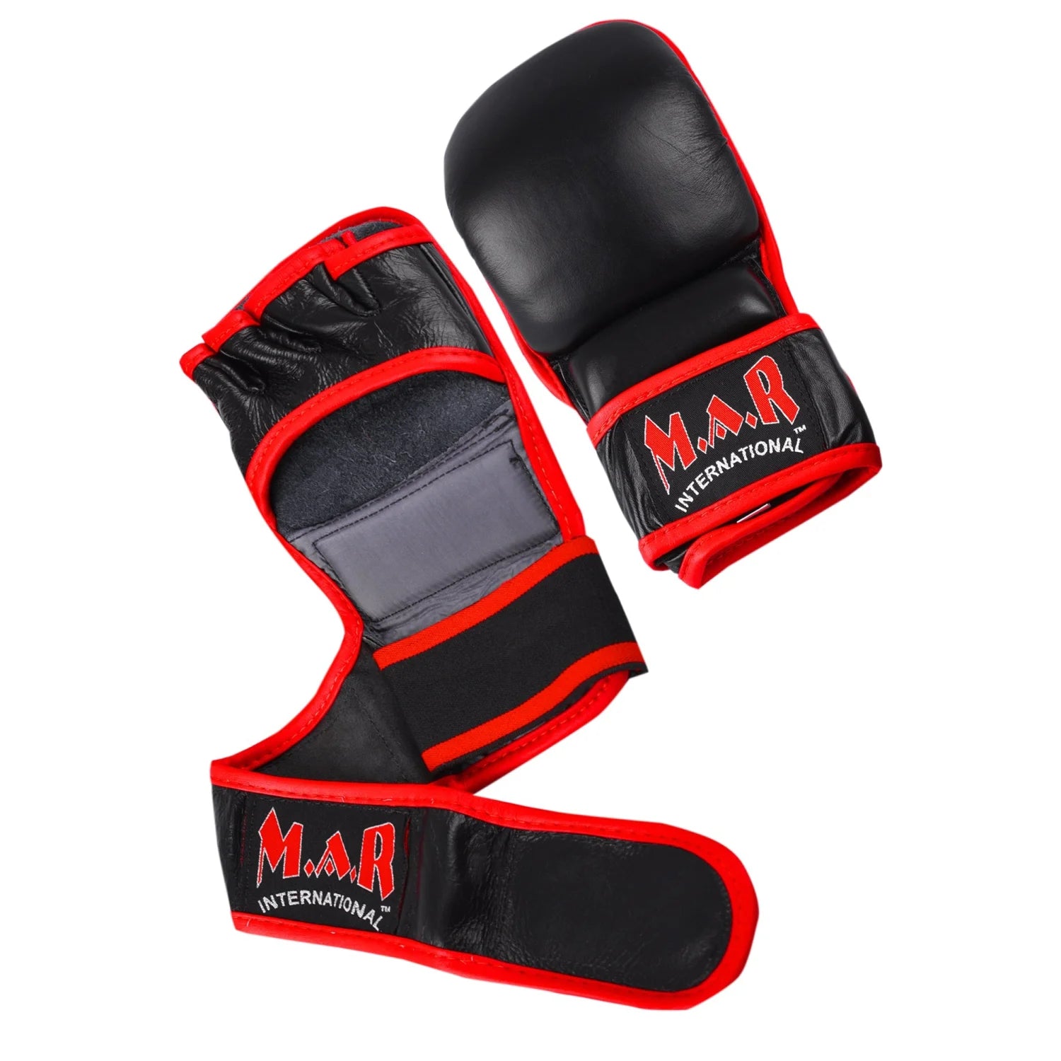 MAR-233A | Genuine Leather Black MMA Gloves w/ Red Piping - Compact Gloves