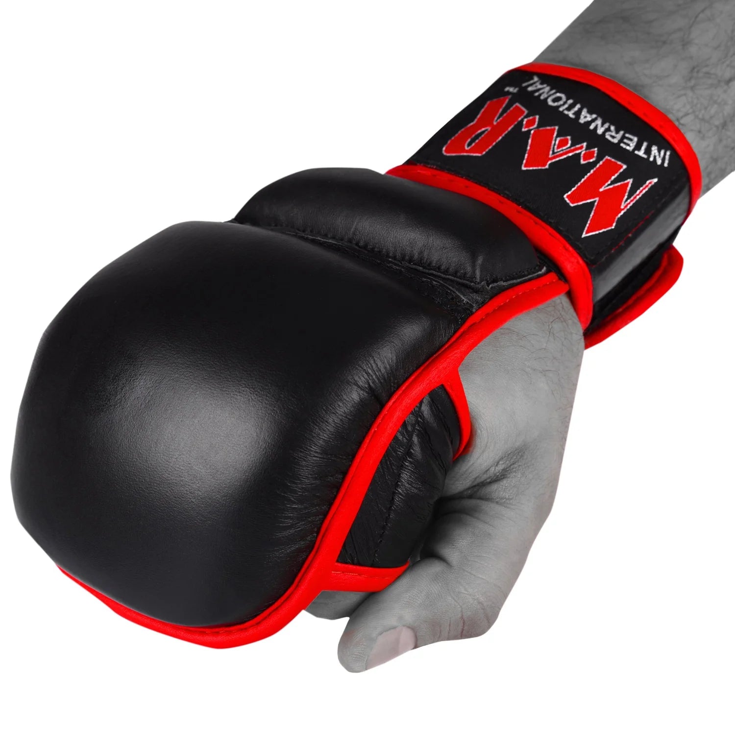 MAR-233A | Genuine Leather Black MMA Gloves w/ Red Piping - Compact Gloves