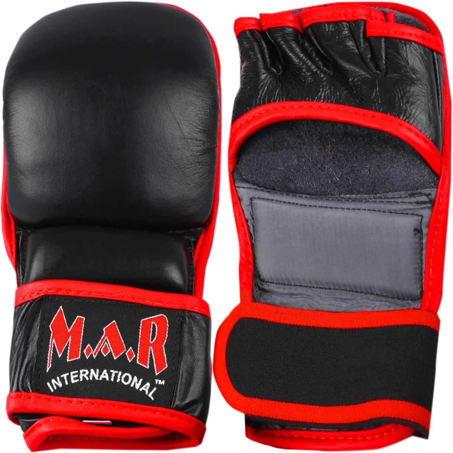 MAR-233A | Genuine Leather Black MMA Gloves w/ Red Piping - Compact Gloves