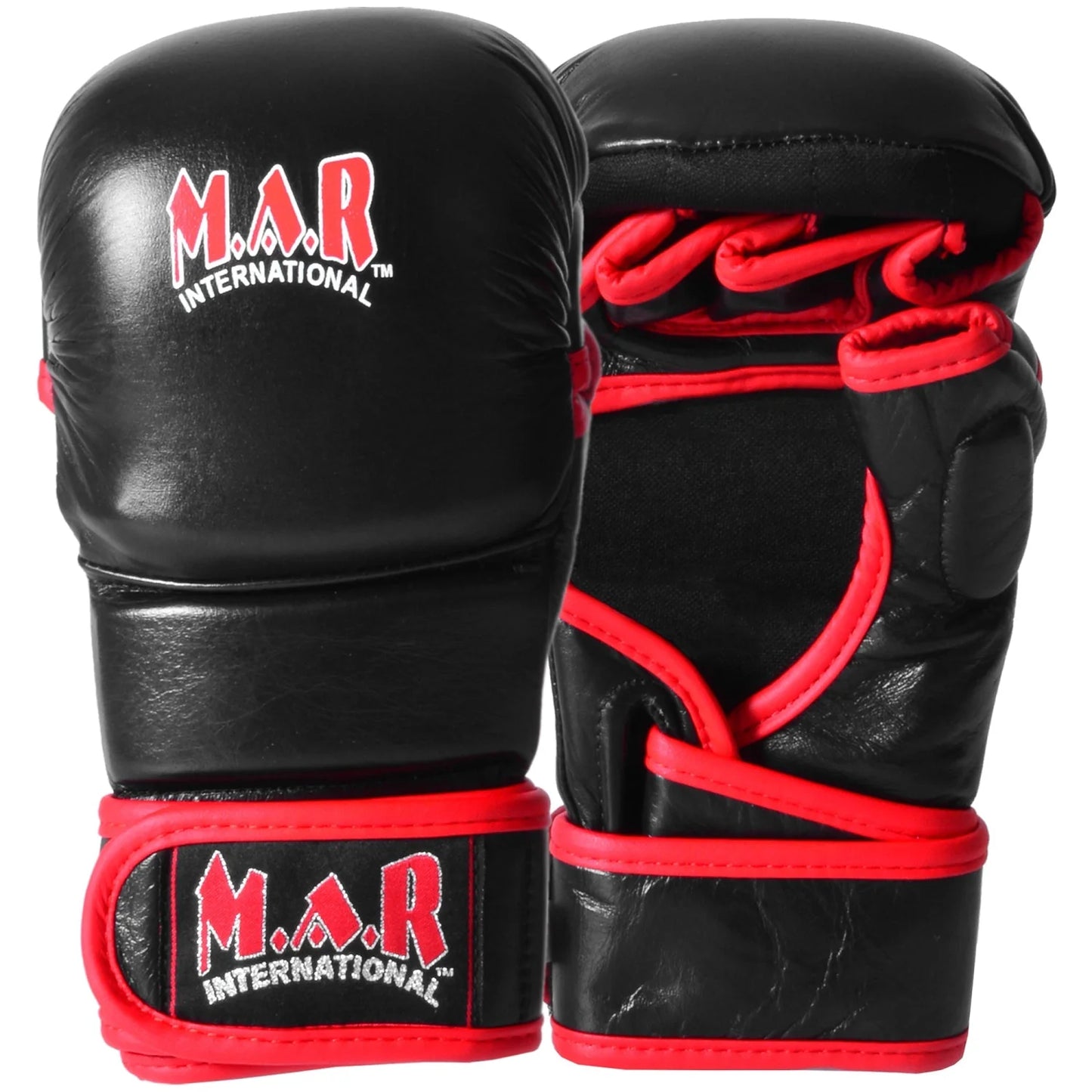 MAR-233B | Genuine Leather Black MMA Gloves w/ Red Piping - Compact Gloves