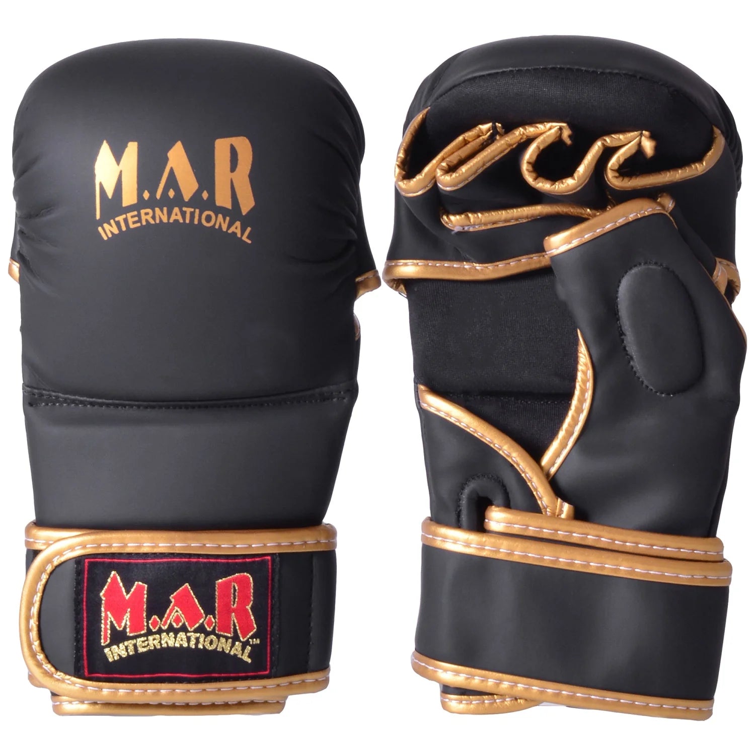 MAR-233E | Rex Leather Black Amateur MMA Gloves w/ Gold Piping - Compact Gloves