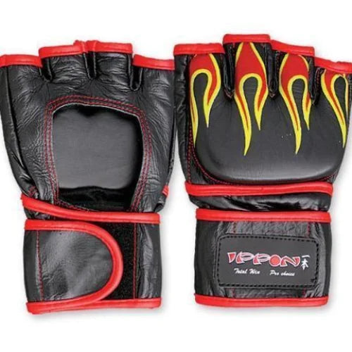 MAR-234A | Genuine Leather MMA Open Palm Gloves w/ Flames - Compact Gloves