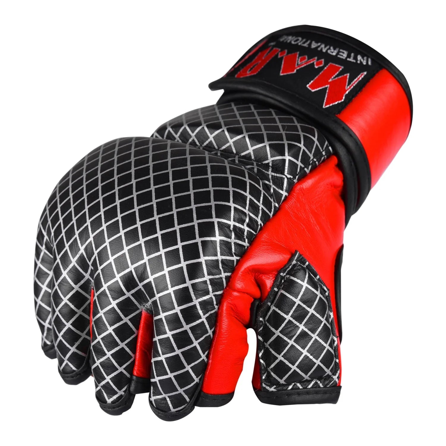 MAR-235 | Genuine Leather Red + Black Open Finger MMA Gloves - Compact Gloves