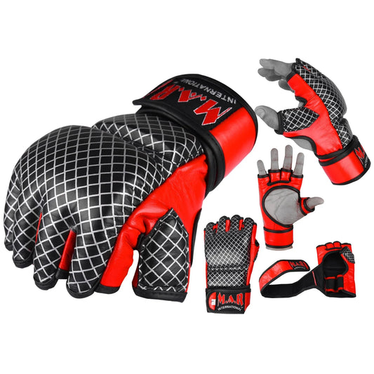 MAR-235 | Genuine Leather Red + Black Open Finger MMA Gloves - Compact Gloves
