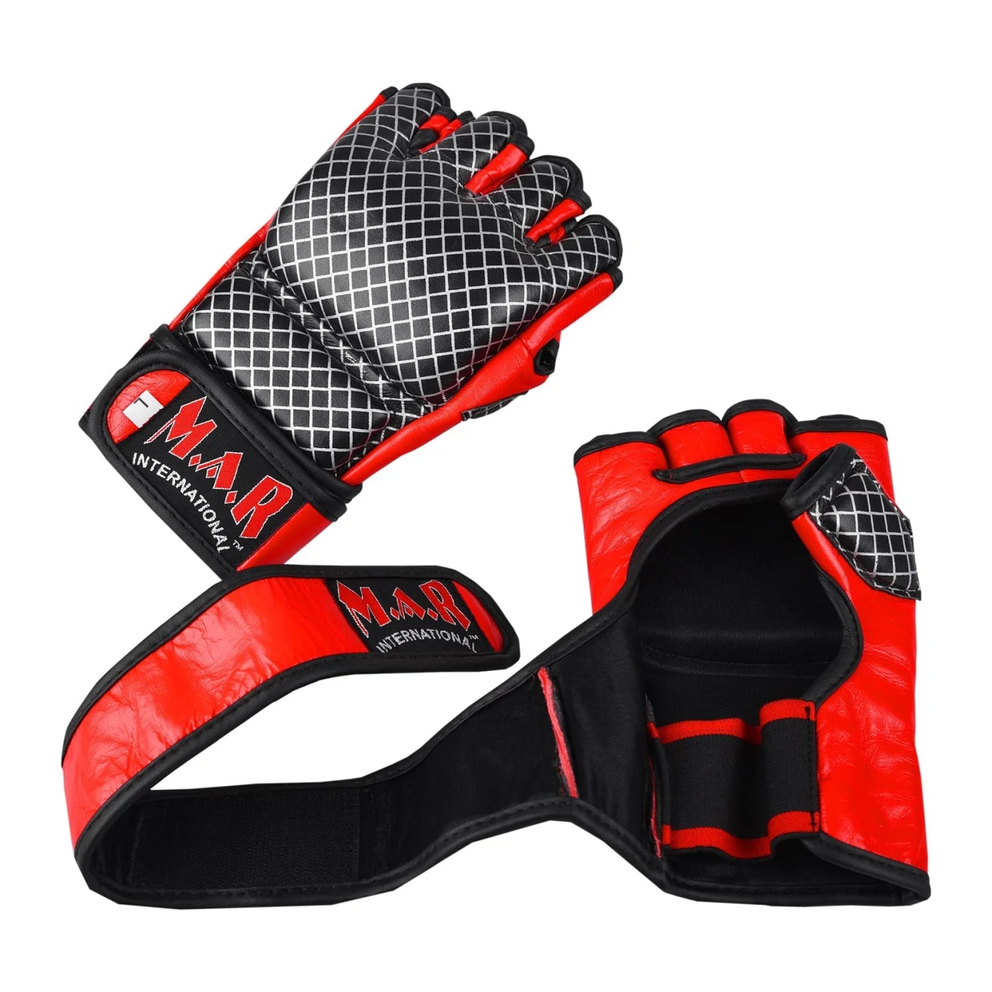 MAR-235 | Genuine Leather Red + Black Open Finger MMA Gloves - Compact Gloves