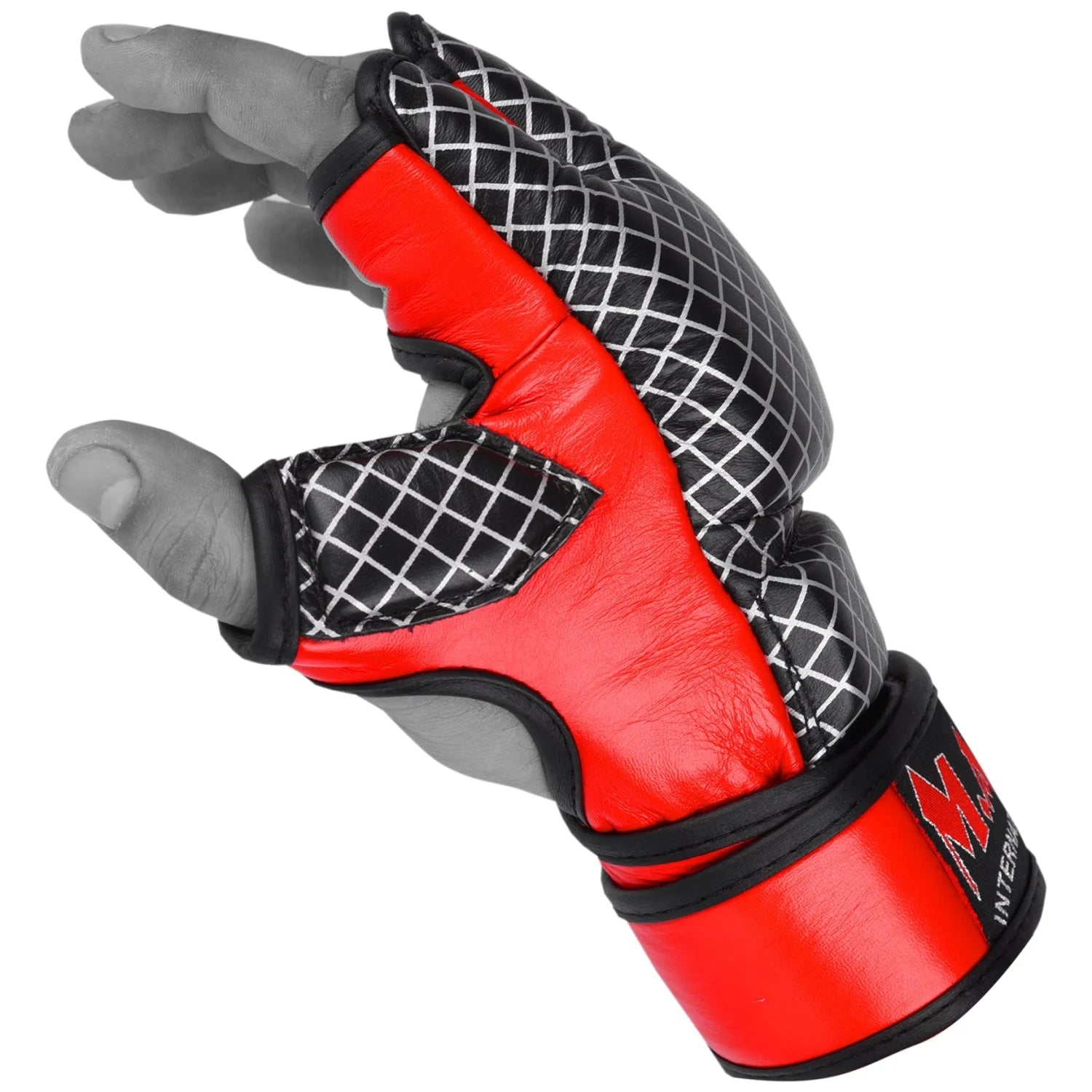 MAR-235 | Genuine Leather Red + Black Open Finger MMA Gloves - Compact Gloves