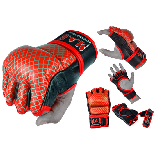 MAR-236 | Genuine Leather Red MMA Competition Gloves Open Palm - Compact Gloves