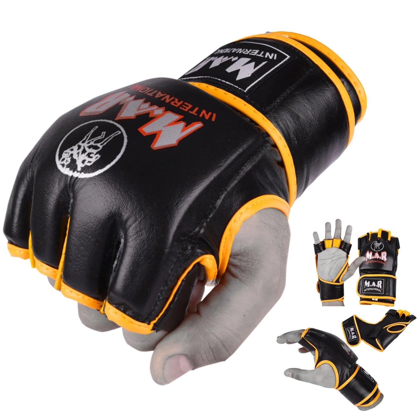 MAR-239 | Black + Yellow Genuine Leather MMA Grappling Gloves - Compact Gloves