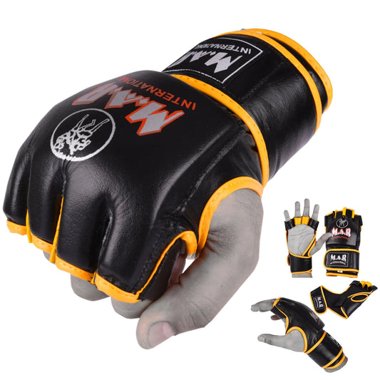 MAR-239 | Black + Yellow Genuine Leather MMA Grappling Gloves - Compact Gloves