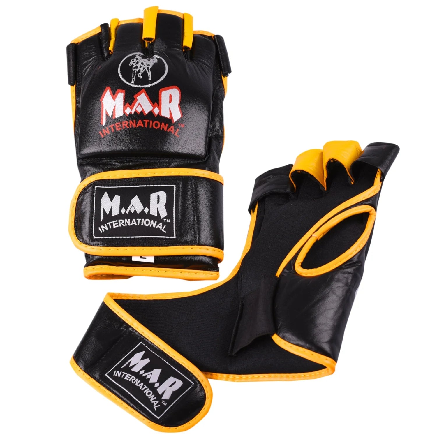 MAR-239 | Black + Yellow Genuine Leather MMA Grappling Gloves - Compact Gloves