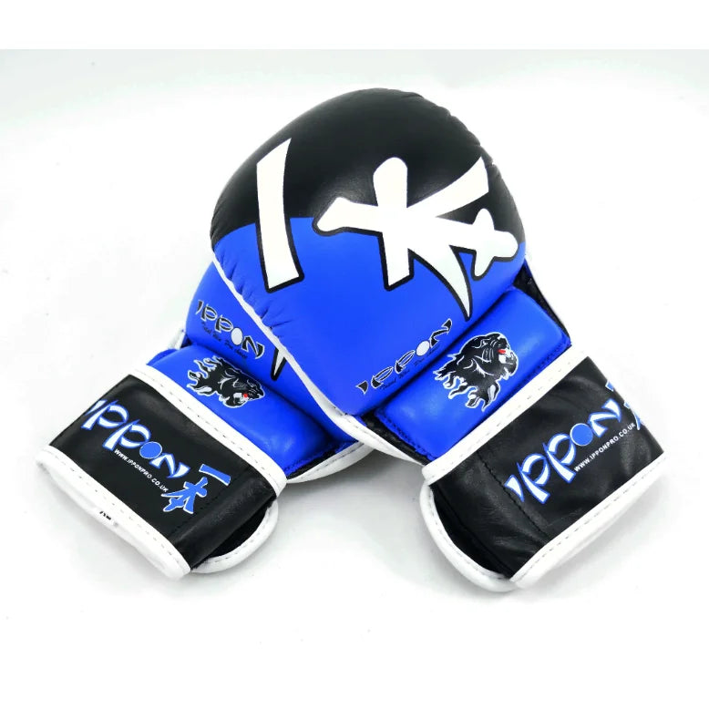 MAR-408 | Blue+Black IPPON Open Finger Leather Striking Gloves - quality-martial-arts