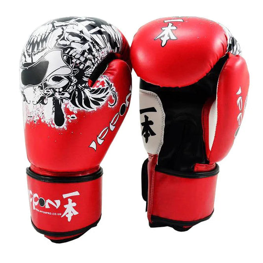 MAR-411 | White + Red IPPON Boxing Gloves w/ Skull Design - Gloves