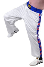 MAR-087D | White & Blue Kickboxing Trousers w/ Embroidered Writing