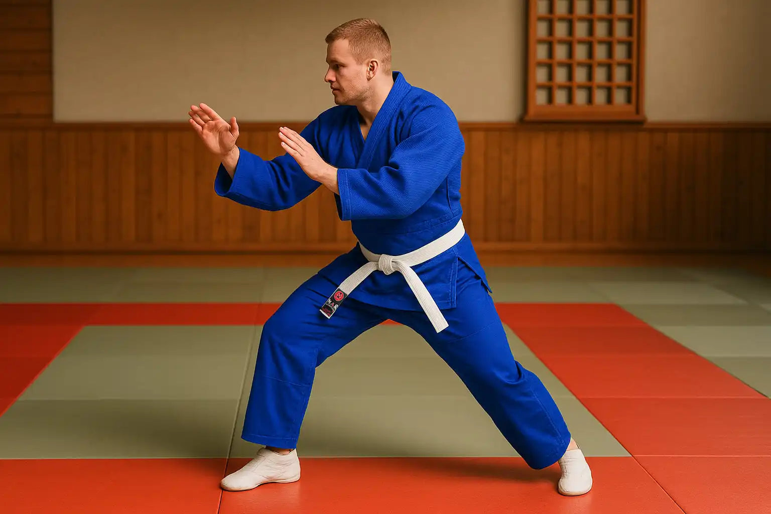 Blue judo gi with white belt.