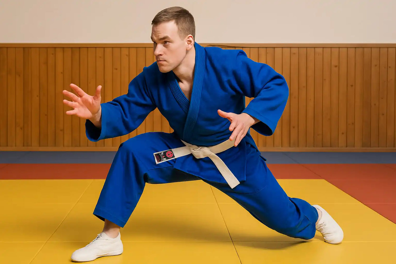 Blue judo gi with white belt.