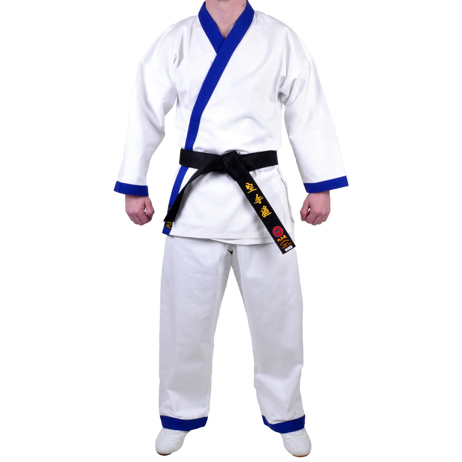 MAR-008 | White Karate Uniform w/ Blue Trim (8oz Fabric) + FREE BELT - Uniforms