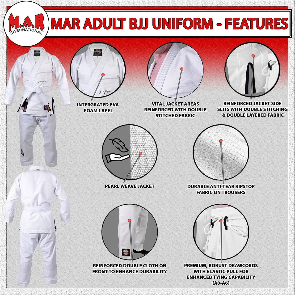 MAR-062B | White Brazilian Jiu-Jitsu Uniform - 480gsm - Uniforms