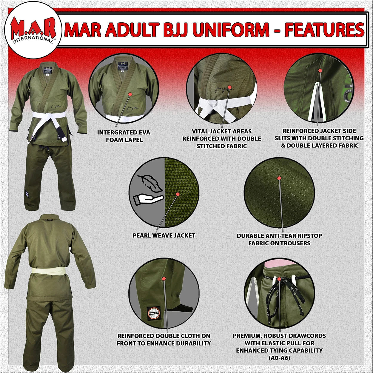 MAR-064D | Olive Green Brazilian Jiu-Jitsu Uniform - 480gsm - Uniforms