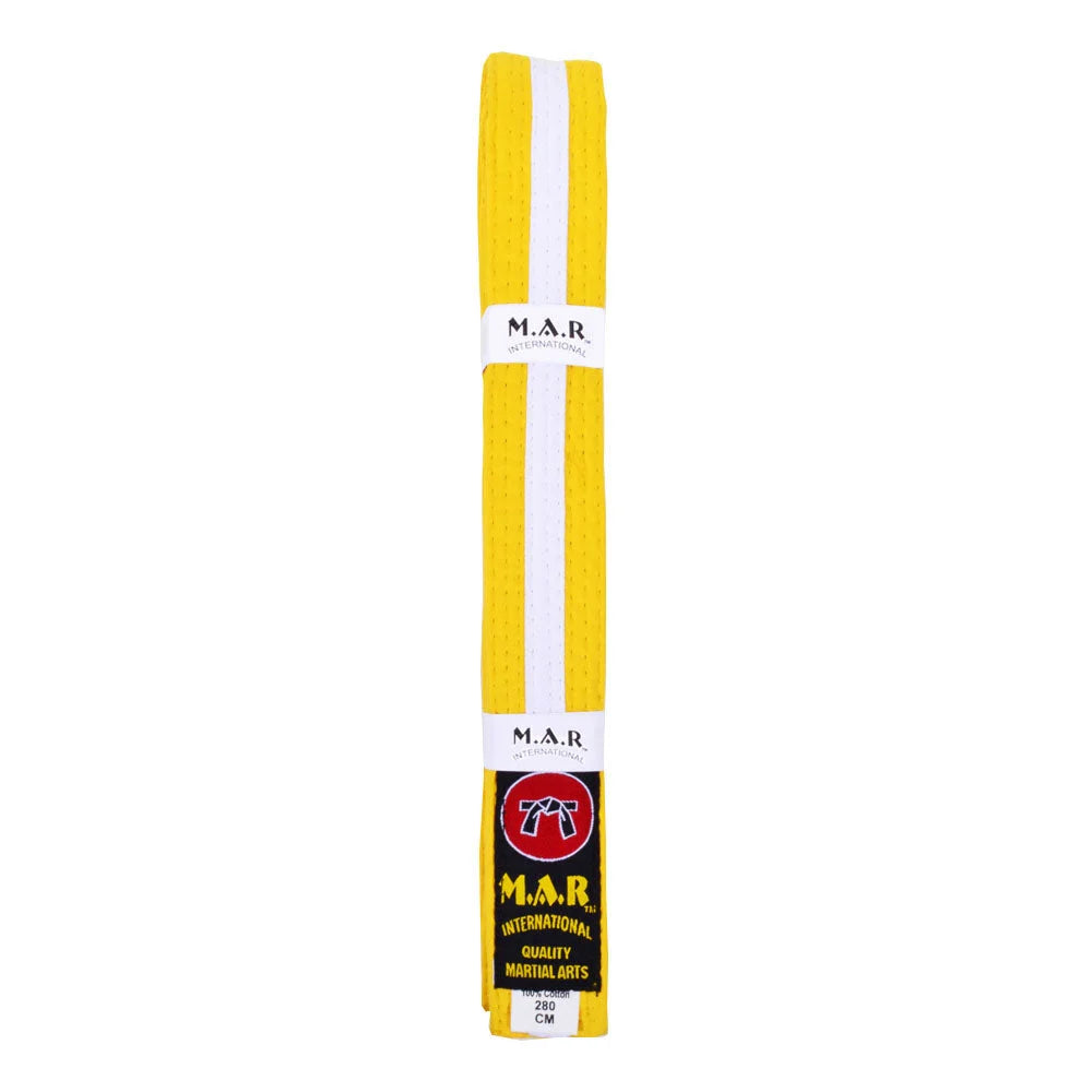 MAR-076 | Coloured Striped Grading Belts (K-T) - (P) Yellow & White / 250cm / Wholesale - Belts