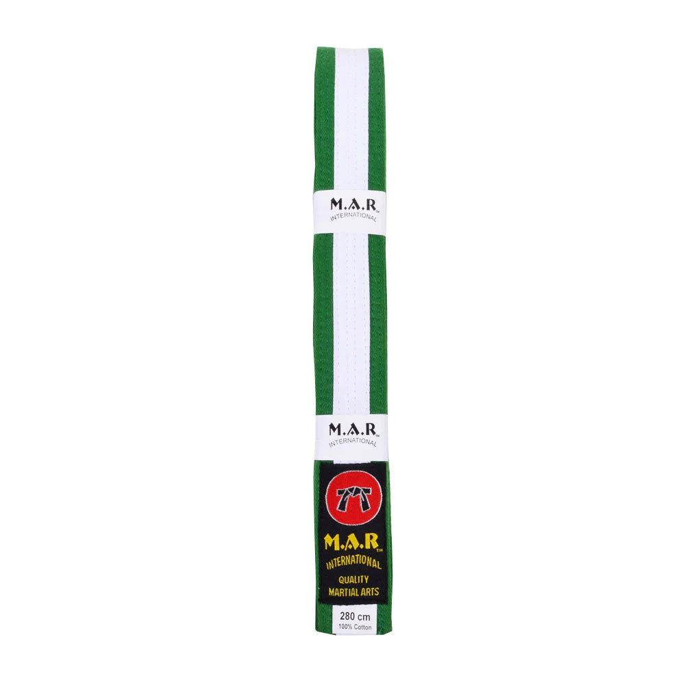 MAR-076 | Coloured Striped Grading Belts (K-T) - (R) Green & White / 250cm / Wholesale - Belts
