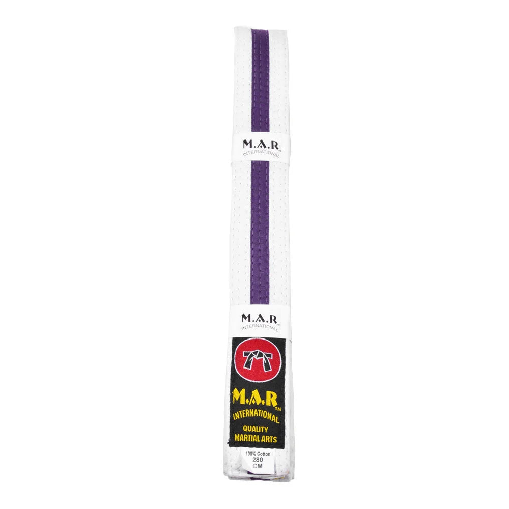 MAR-077 | Coloured Striped Grading Belt - Wholesale / E: White & Purple / 250cm - Belts