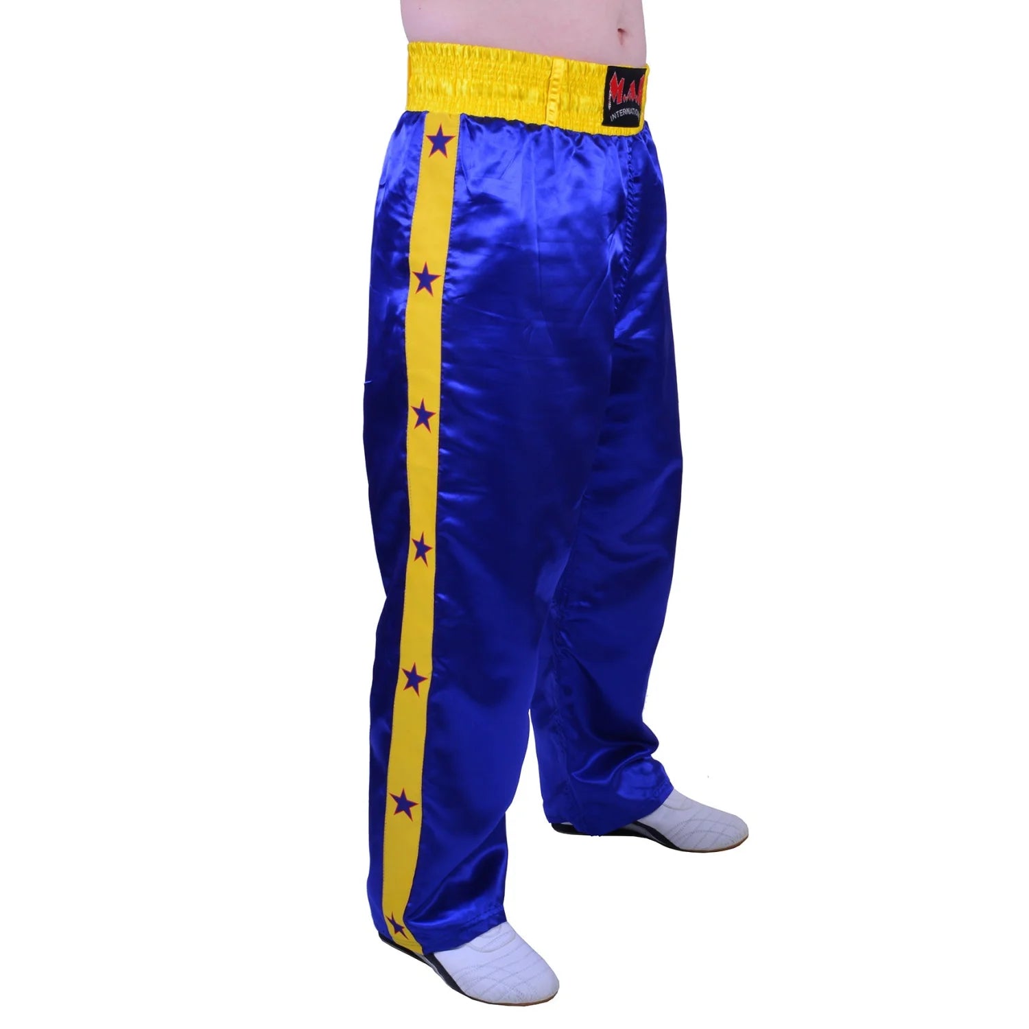 MAR-087C | Blue & Yellow Kickboxing Trousers w/ Embroidered Writing - Trousers