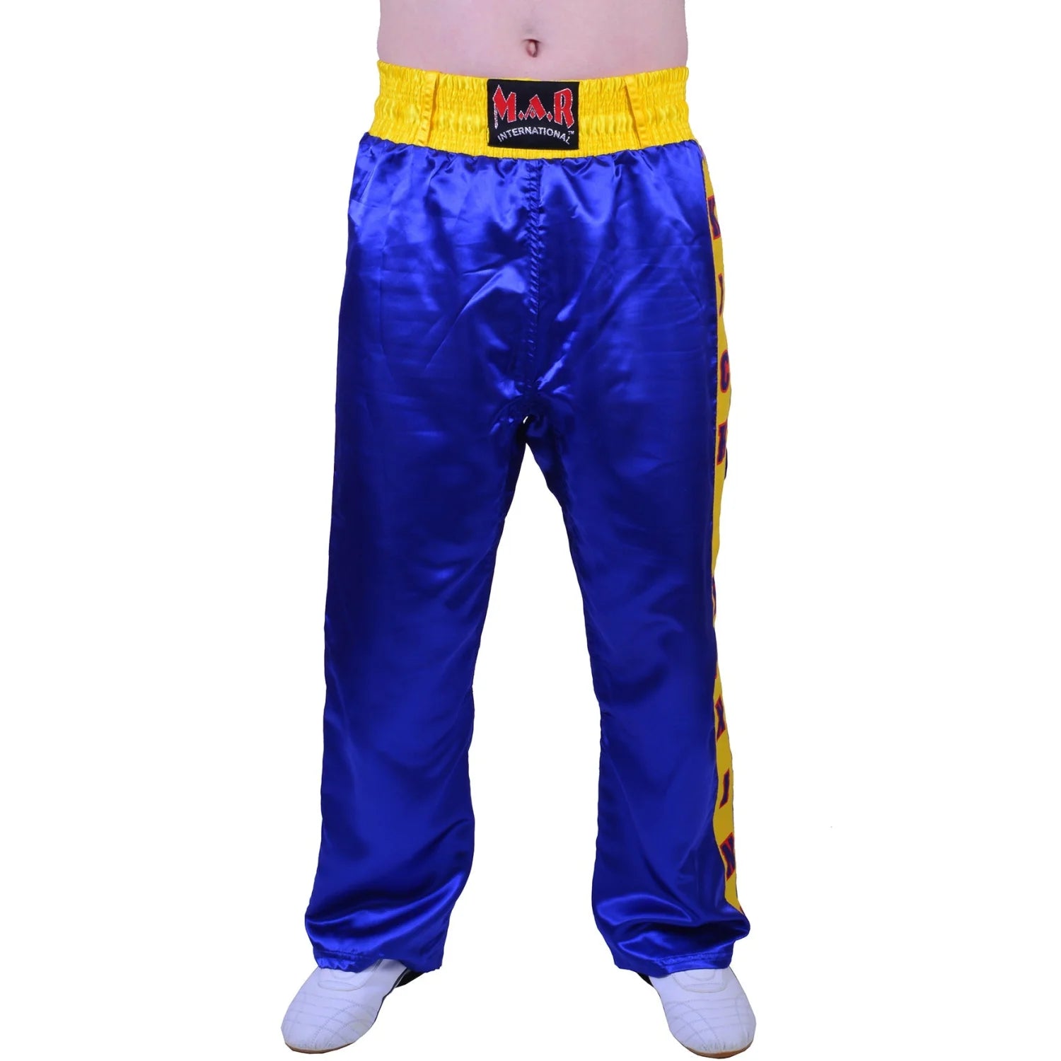 MAR-087C | Blue & Yellow Kickboxing Trousers w/ Embroidered Writing - Trousers