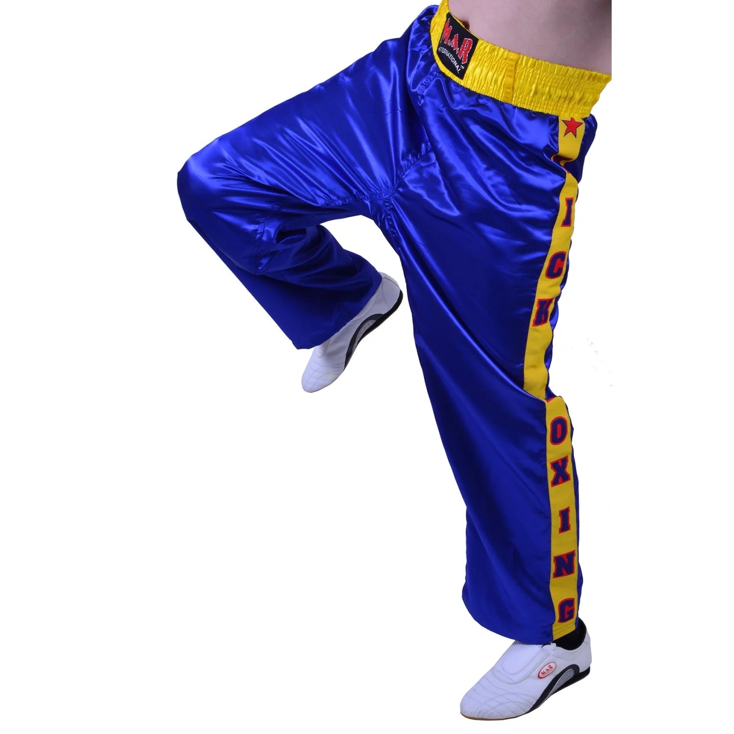 MAR-087C | Blue & Yellow Kickboxing Trousers w/ Embroidered Writing - Trousers
