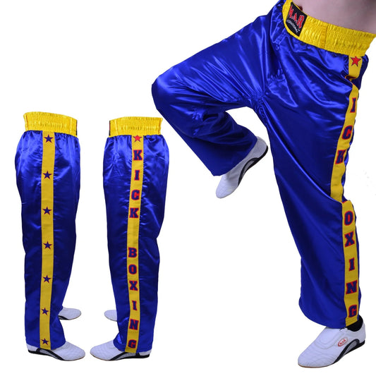 MAR-087C | Blue & Yellow Kickboxing Trousers w/ Embroidered Writing - Trousers