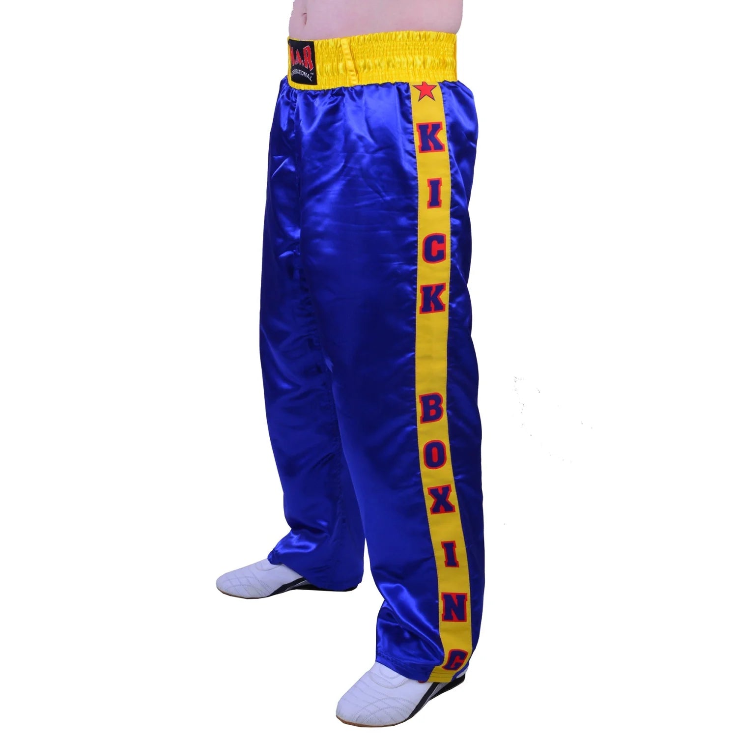 MAR-087C | Blue & Yellow Kickboxing Trousers w/ Embroidered Writing - Trousers