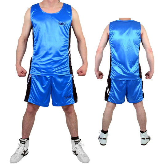 MAR-100A | Blue & Black Boxing Shorts & Vest w/ White Lines - Shorts