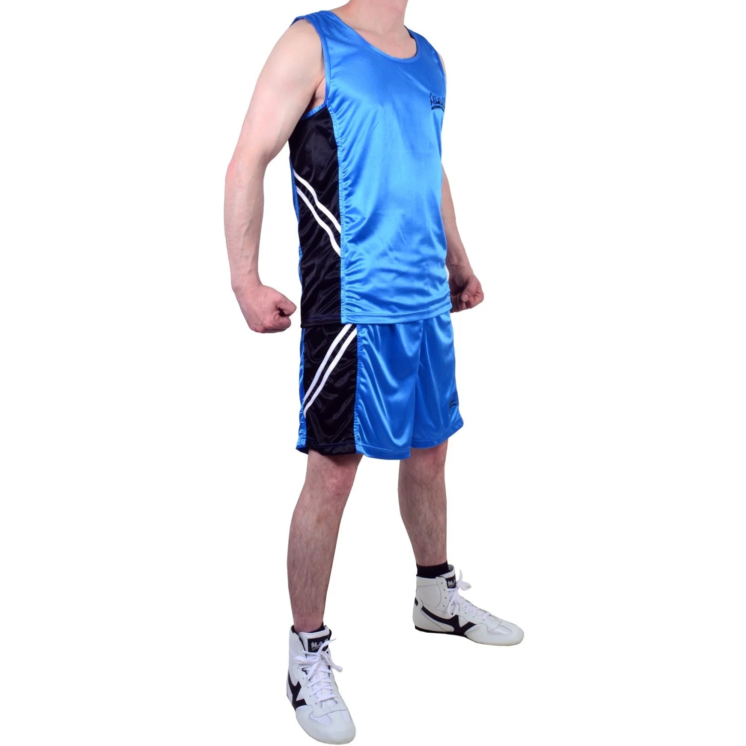 MAR-100A | Blue & Black Boxing Shorts & Vest w/ White Lines - Shorts