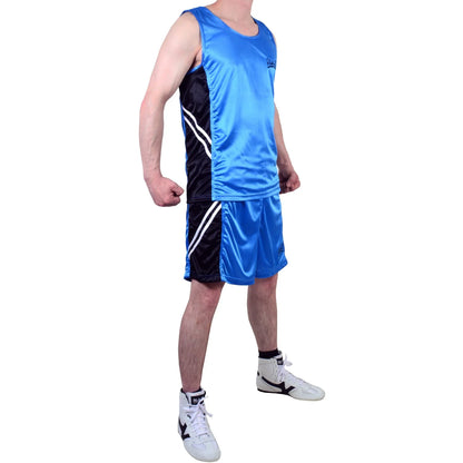 MAR-100A | Blue & Black Boxing Shorts & Vest w/ White Lines - Shorts