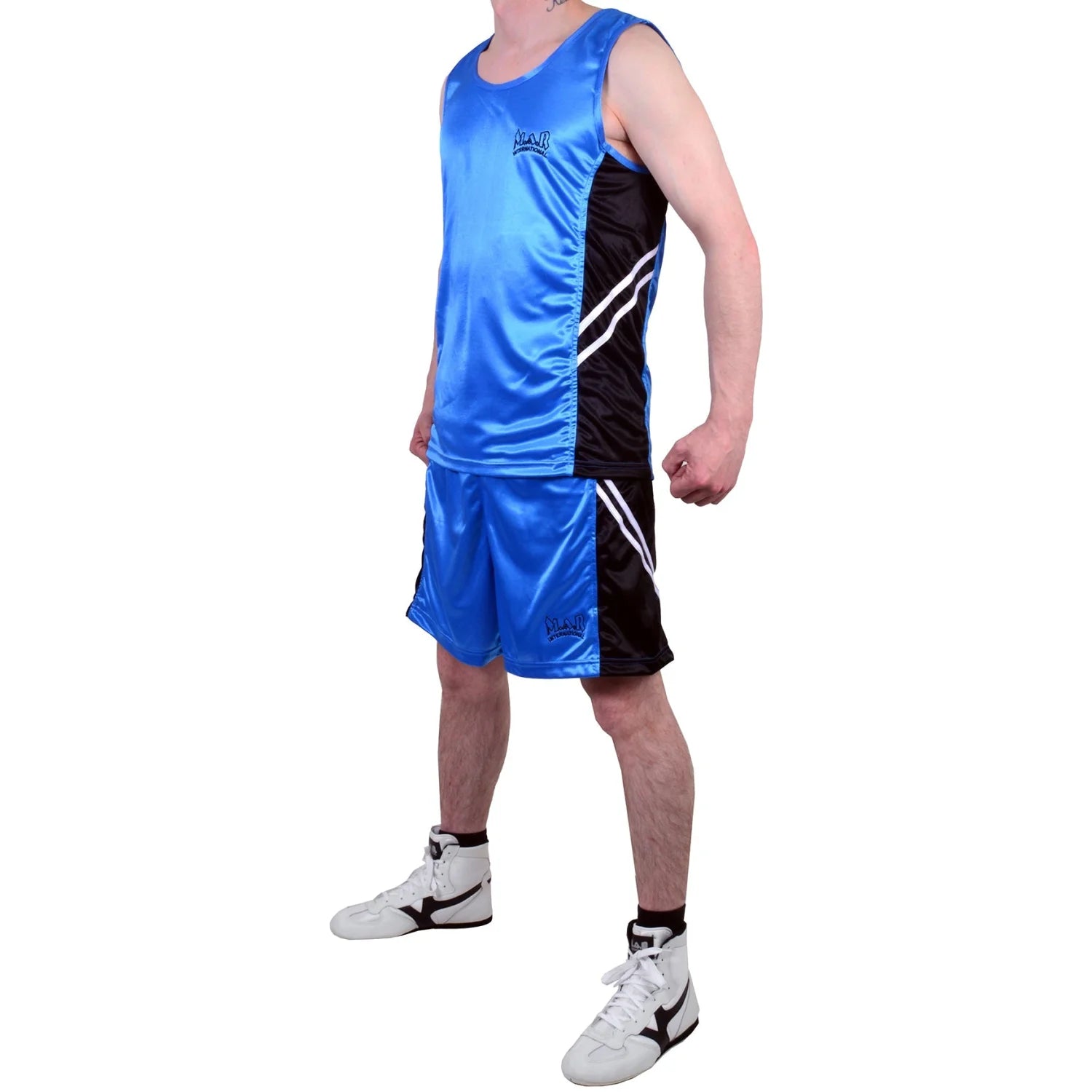 MAR-100A | Blue & Black Boxing Shorts & Vest w/ White Lines - Shorts