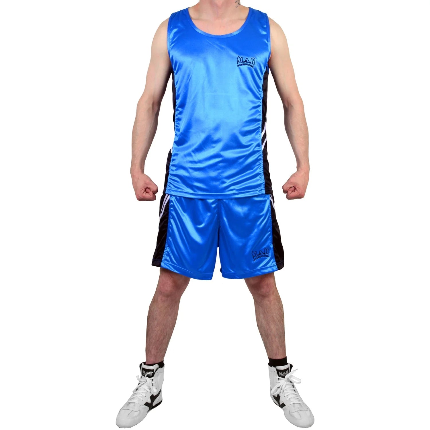 MAR-100A | Blue & Black Boxing Shorts & Vest w/ White Lines - Shorts