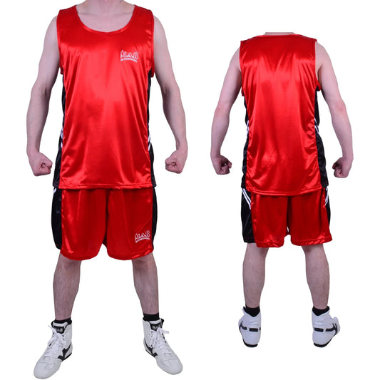 MAR-100B | Red & Black Boxing Shorts & Vest w/ White Lines - Shorts